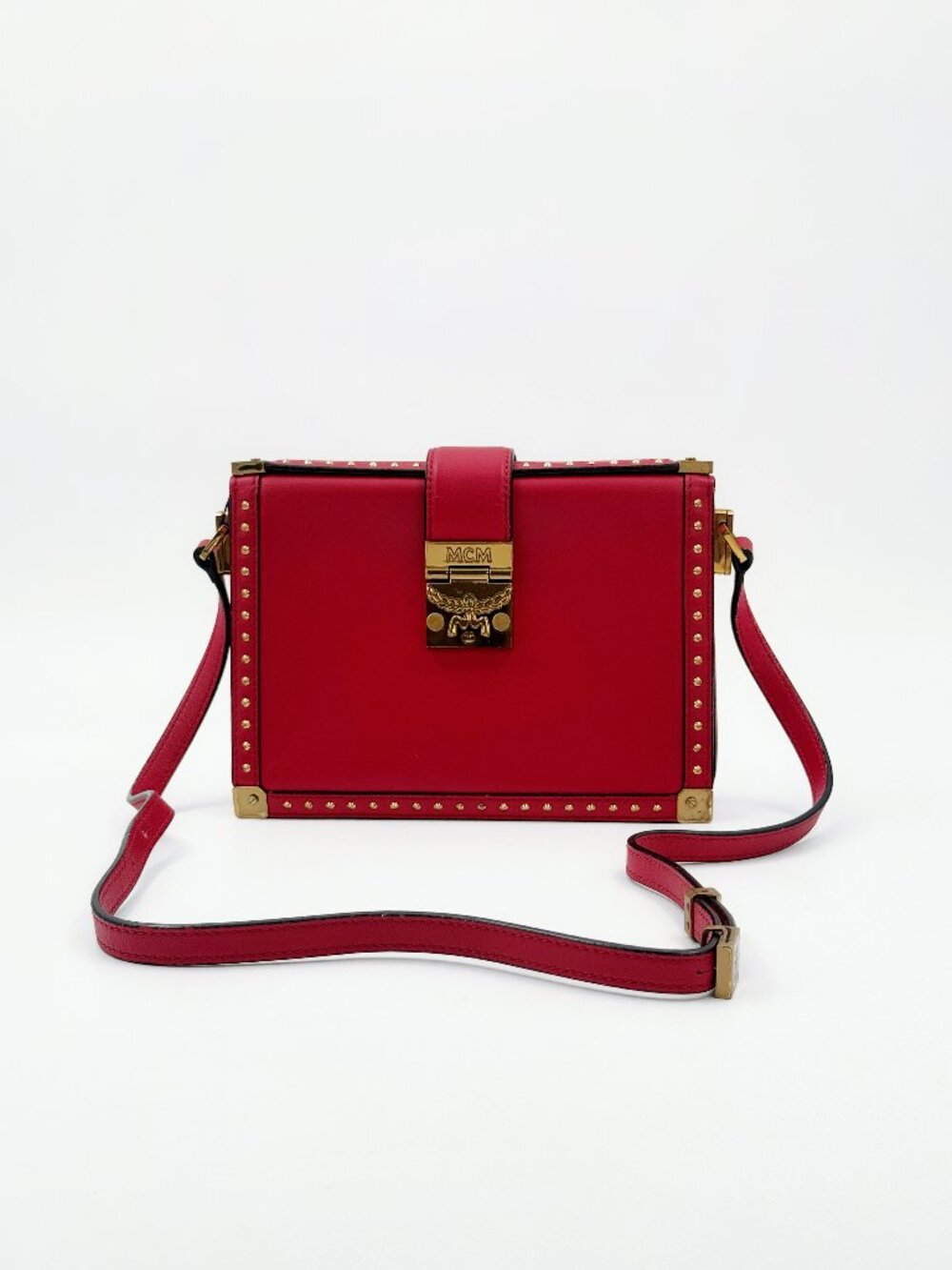 MCM Red Studded Leather Box Crossbody Bag Gold Hardware Shoulder Bag